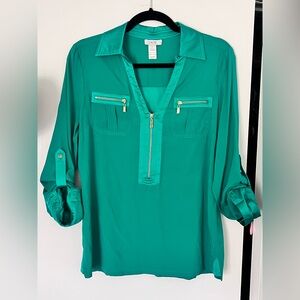 Cache Women's Green Silk Zip-Front Blouse